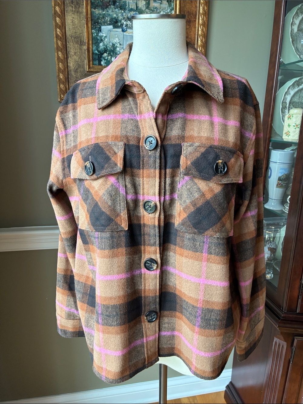BB Dakota Plaid Button-Up Shacket with Pink Accents Size Large